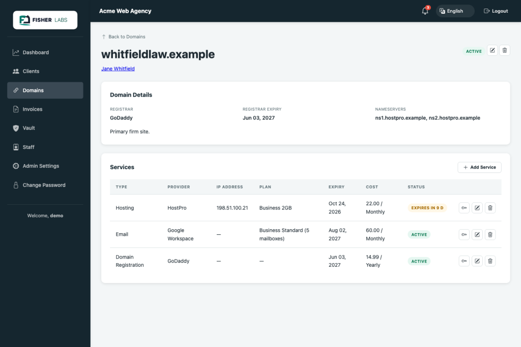 SiteMaster Suite domain detail - hosting, email and registration tracked independently