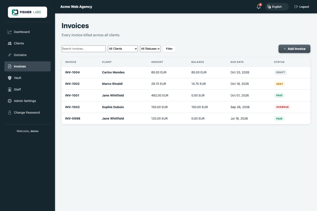 SiteMaster Suite invoices with draft, sent, paid and overdue statuses