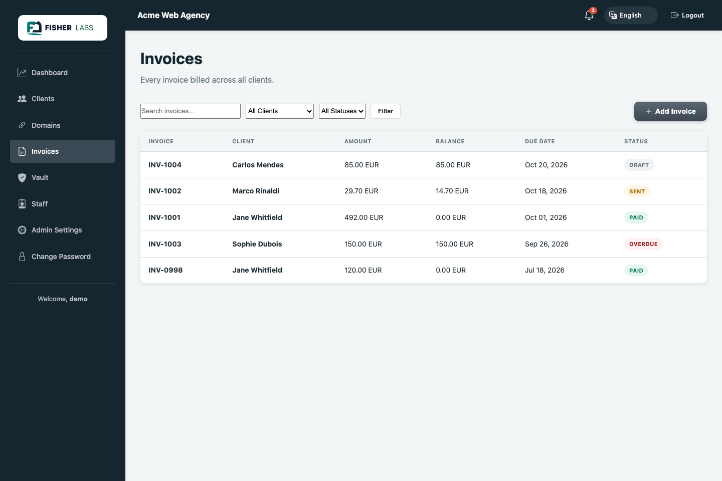 SiteMaster Suite invoices with draft, sent, paid and overdue statuses