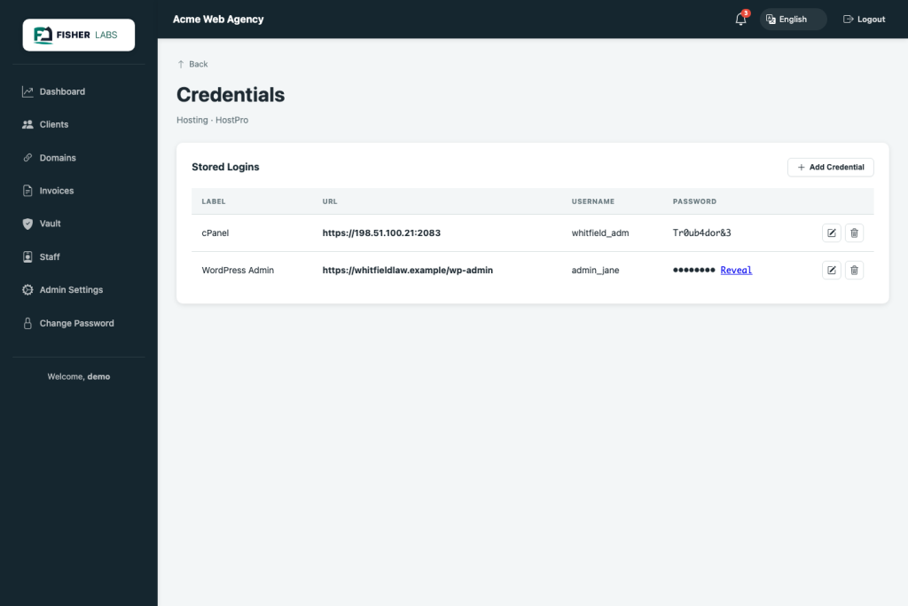 SiteMaster Suite encrypted credential vault with a revealed password