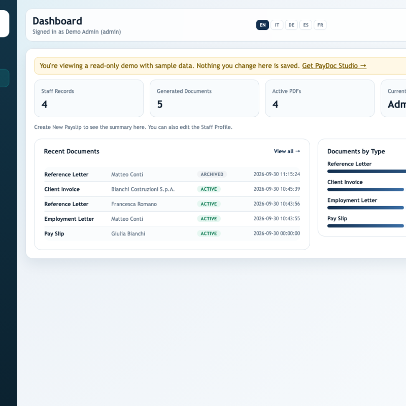 PayDoc Studio dashboard - staff, generated documents and recent activity