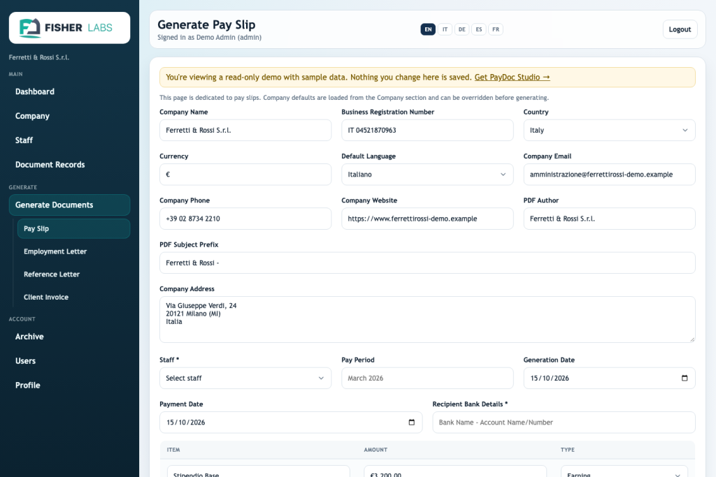 PayDoc Studio payslip generator