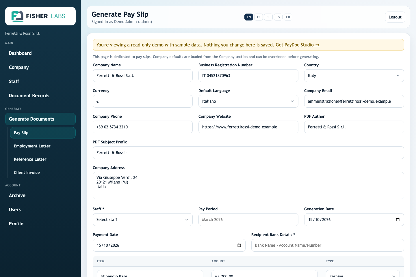 PayDoc Studio payslip generator