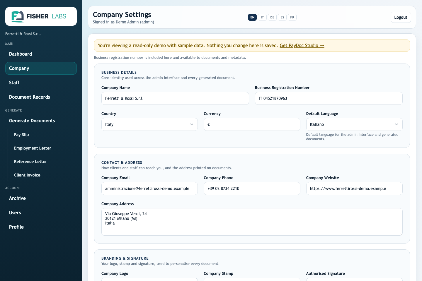 PayDoc Studio company settings