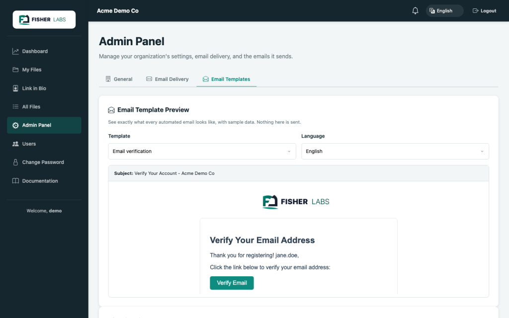 DocShare Central – editable email templates with branded header/footer