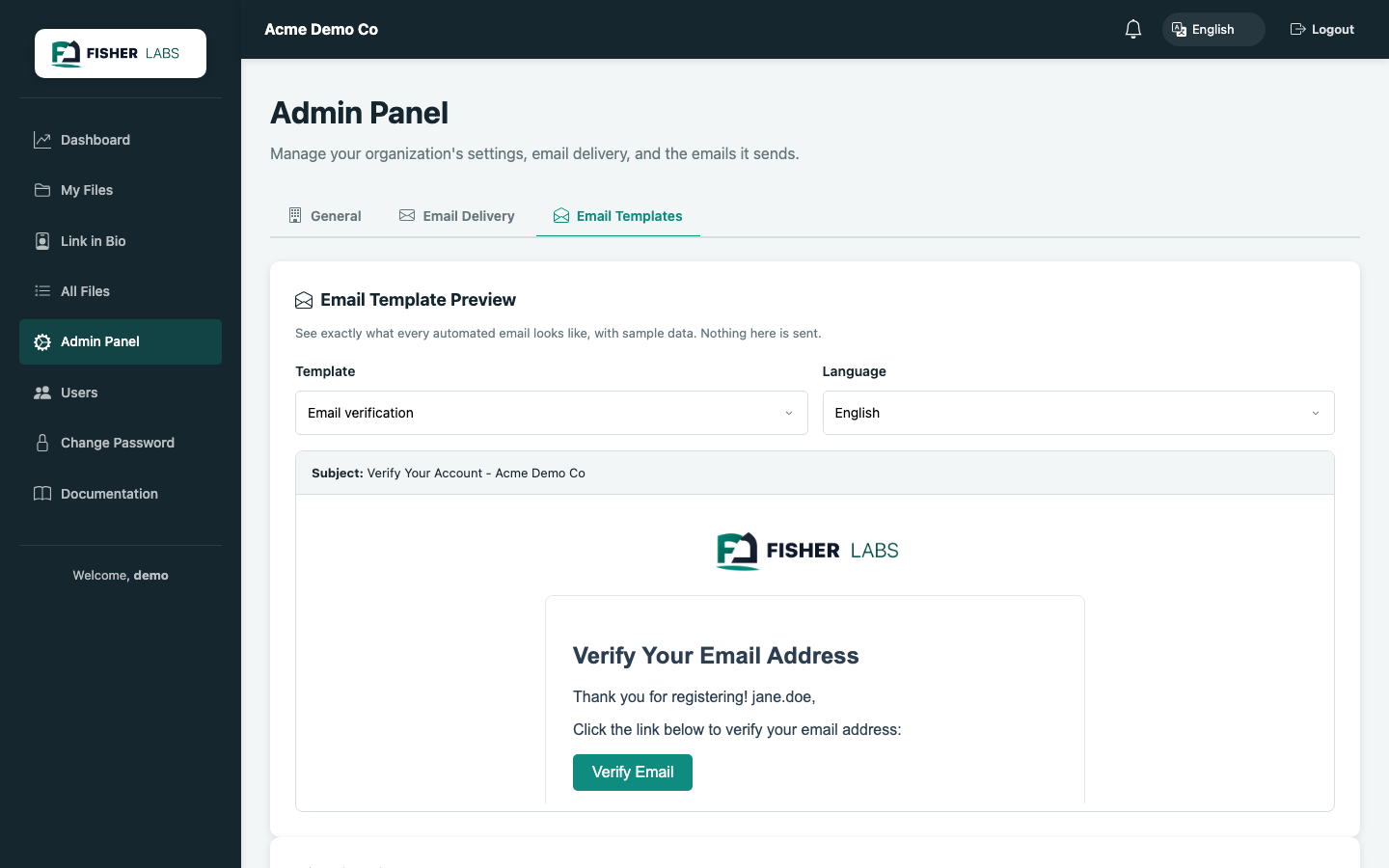 DocShare Central – editable email templates with branded header/footer