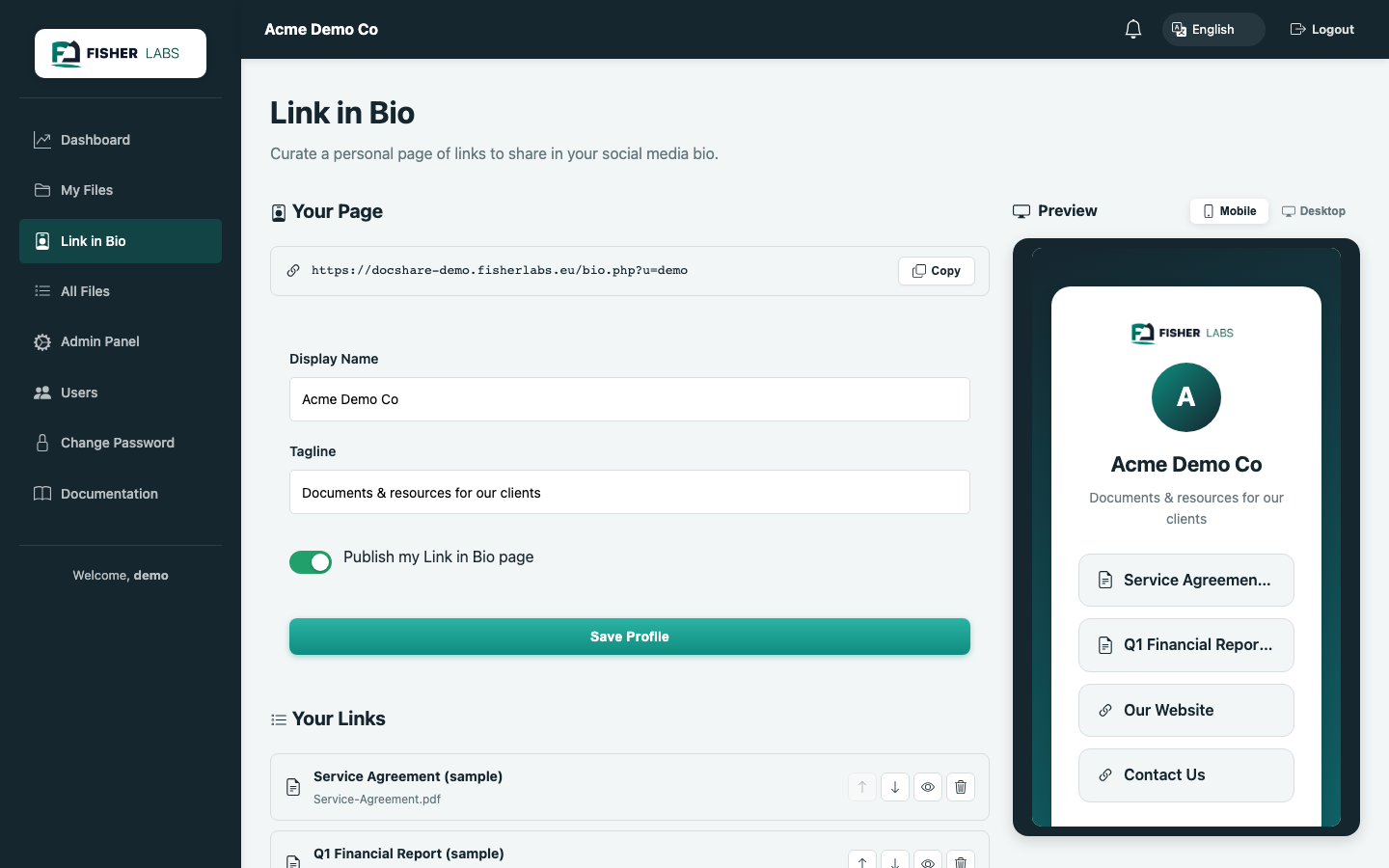 DocShare Central – Link in Bio editor with live mobile/desktop preview