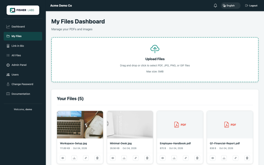 DocShare Central – My Files, icon-only preview/download/share/delete actions